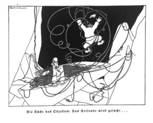 Cartoon "Die Tücke des Objektes: Das Seilende wird gesucht..." - aus: “Mit Seil und Schwartling” von 1930, Bergverlag Rudolf Rother