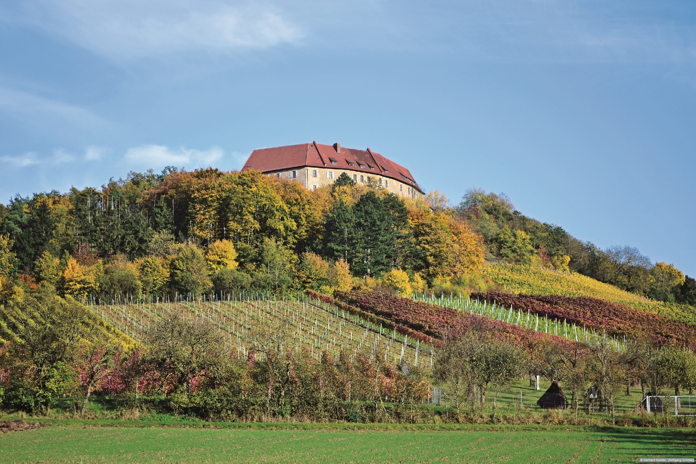 Burg Hoheneck über den Ipsheimer Weinbergen. Foto aus dem Rother Wanderbuch »Weinwandern Fränkisches Weinland«