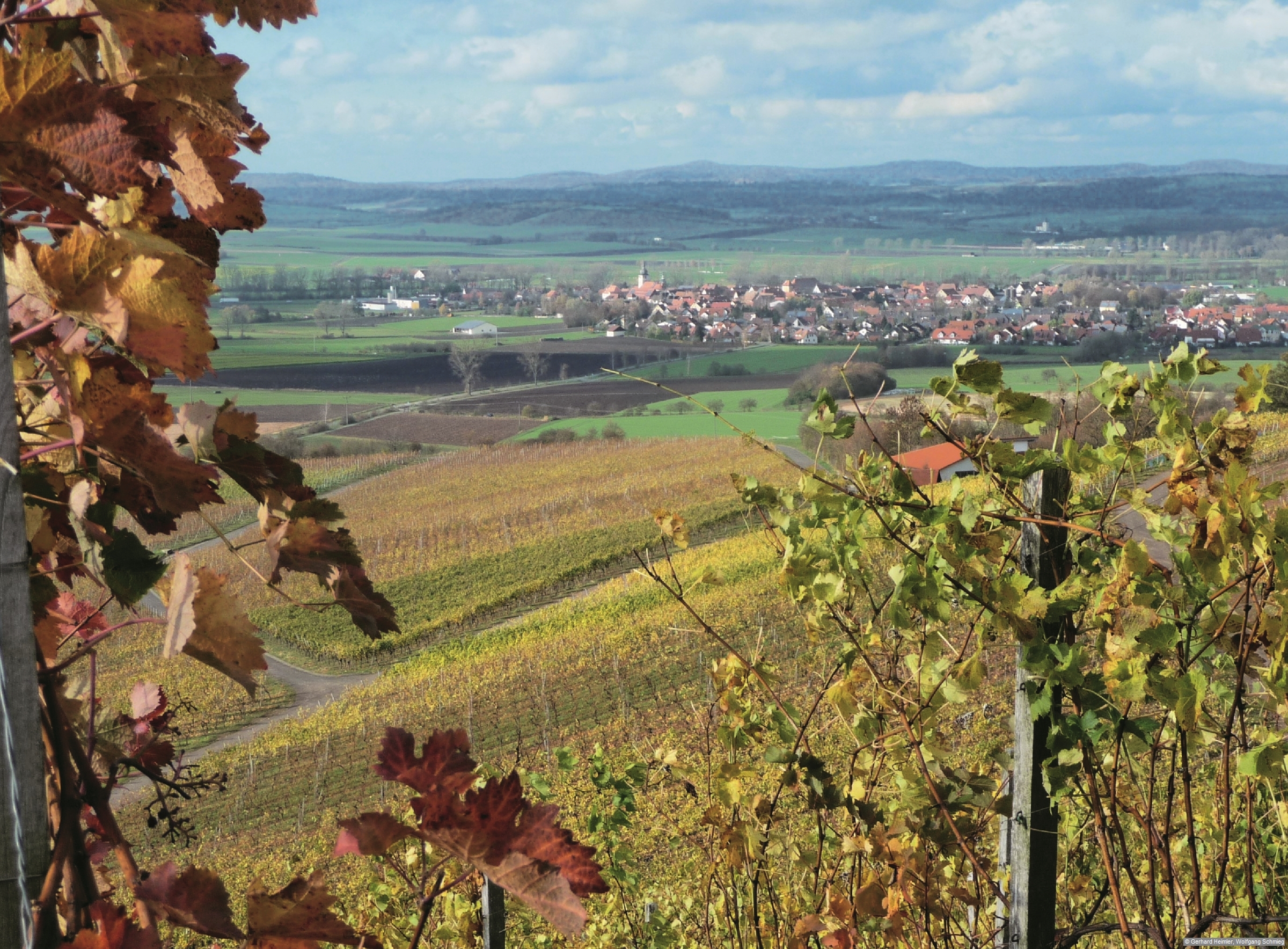 Die Weinberge bei Hoheneck mit Blick auf Ipsheim. Foto aus dem Rother Wanderbuch »Weinwandern Fränkisches Weinland«