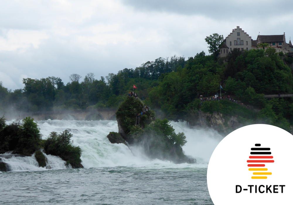 Keine optischen Gemeinsamkeiten: der Rheinfalls mit der Mittelinsel und dem Schloss Laufen
sowie das Deutschlandticket.